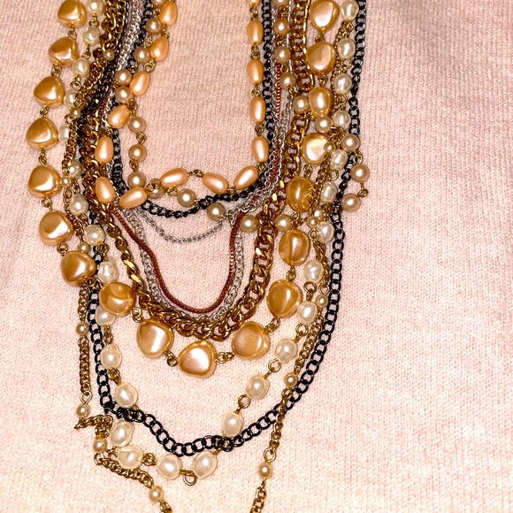 NECKLACE featuring pearly strings and goldtone/gunmetal strings and hardware - Picture 3 of 3